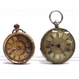 AN OPEN FACED FOB WATCH stamped '14K', with a key wound bar movement, gilt metal cuvette, 3.2cm