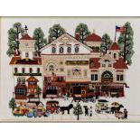 A WOOL EMBROIDERY OF A NORTH AMERICAN STREET SCENE 20th century, unsigned, 36.5cm x 48cm, framed and