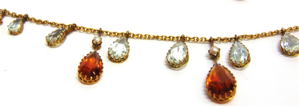 AN EDWARDIAN CITRINE, AQUAMARINE AND SEED PEARL SET FRINGE NECKLACE 42cm long; with a pair of - Image 3 of 3