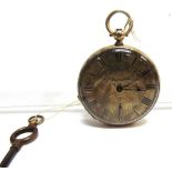AN OPEN FACED FOB WATCH stamped '14K', with a bar movement, gilt metal cuvette, 4.1cm diameter,