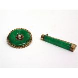 TWO EARLY 20TH CENTURY GOLD AND JADEITE BROOCHES comprising; a cylindrical bar brooch, the mounts