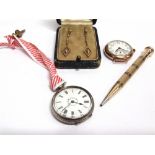 A MIXED LOT OF JEWELLERY AND WATCHES to include; a pair of early 20th Century rose gold pendent