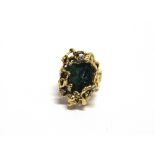 A 1970'S GOLD, FLUORITE AND DIAMOND ABSTRACT DRESS RING the central green fluorite set within an