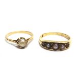 TWO EARLY 20TH CENTURY GOLD AND PEARL RINGS comprising: a graduated half-pearl five stone gypsy