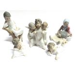 FIVE VARIOUS LLADRO FIGURES: 4569G Girl with turkey, 4876 Boy on tree trunk, and three angel