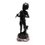 AFTER AUGUSTE MOREAU: A LARGE BRONZE FIGURE OF PAN playing a double flute, on square marble base