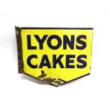 A LYON CAKES DOUBLE-SIDED RIGHT-ANGLE ENAMEL SIGN with blue lettering against a yellow ground, 39.