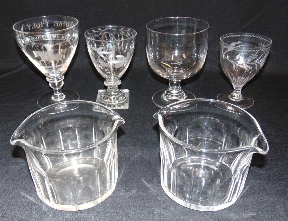 A GROUP OF GLASSWARE including a Victorian Williamite goblet engraved with William III on