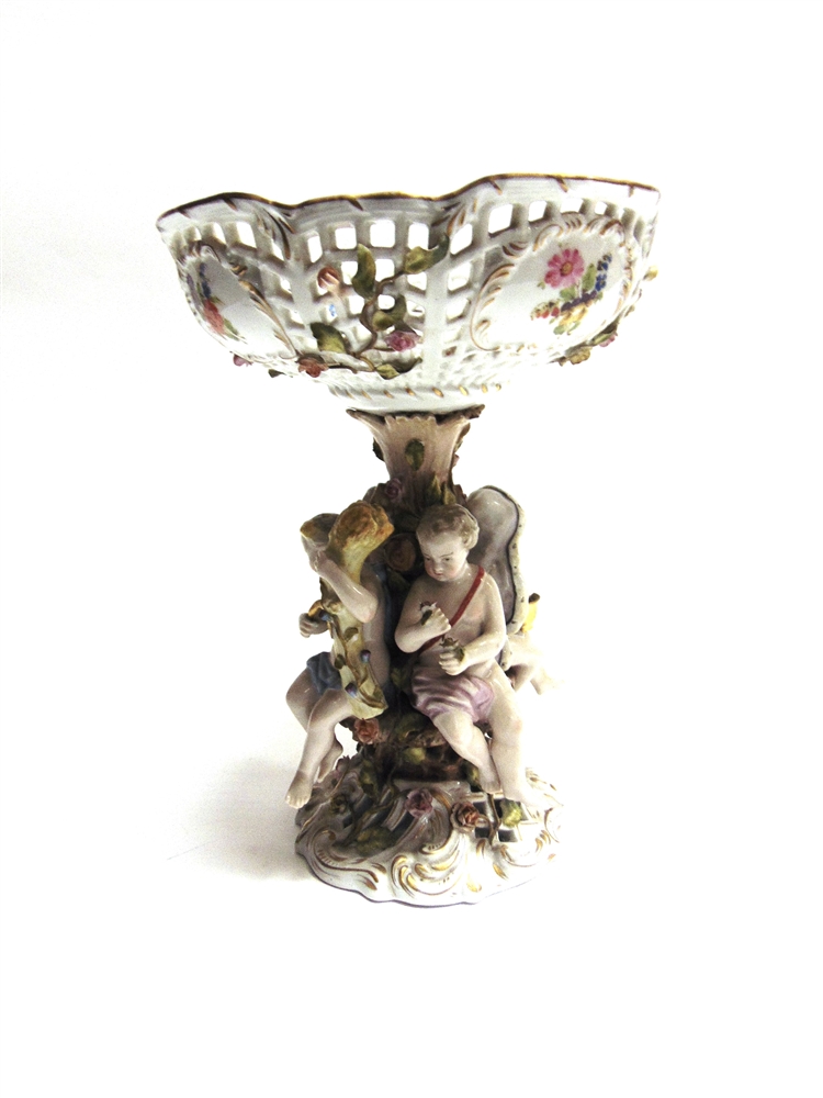 A CONTINENTAL SITZENDORF STYLE FIGURAL CENTREPIECE COMPORTE the pierced basket supported by four - Image 2 of 2