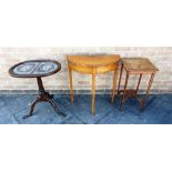 THREE OCCASIONAL TABLES: a satinwood demi-lune table 68cm wide; a fruitwood occasional table with