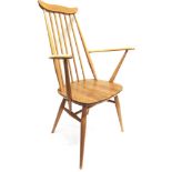 AN ERCOL LIGHT ELM AND BEECH WINDSOR CARVER CHAIR