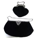 A VELVET EVENING BAG with rococo style metal mount on a chain; and another with paste set mount