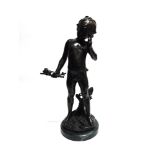 AFTER AUGUSTE MOREAU: A LARGE BRONZE FIGURE OF PAN holding a branch with two birds, on circular