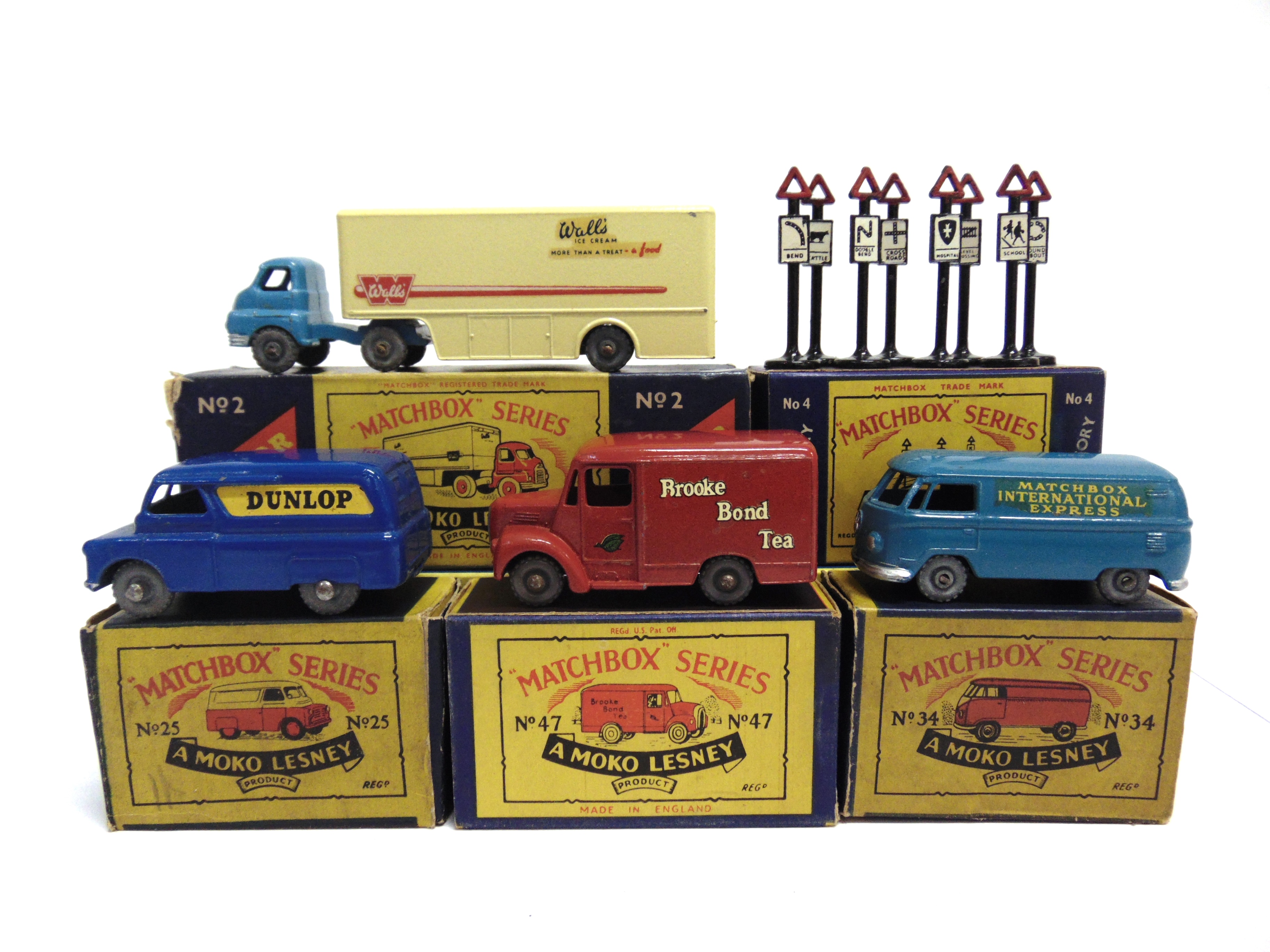 FIVE MATCHBOX 1-75 SERIES & OTHER MODELS comprising a No.25, Bedford Van 'Dunlop', blue, metal