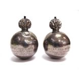 WEST SOMERSET YEOMANRY CAVALRY - A PAIR OF SILVER FLAMING GRENADE TABLE LIGHTERS London, 1894, by