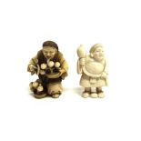 A JAPANESE MEIJI PERIOD CARVED IVORY NETSUKE modelled as a street vendor with bonsai trees, signed