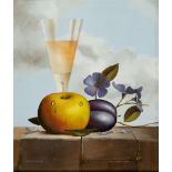 MIKE WOODS (BRITISH, LATE 20TH CENTURY) Still life of fruit and flowers with a glass, oil on canvas,