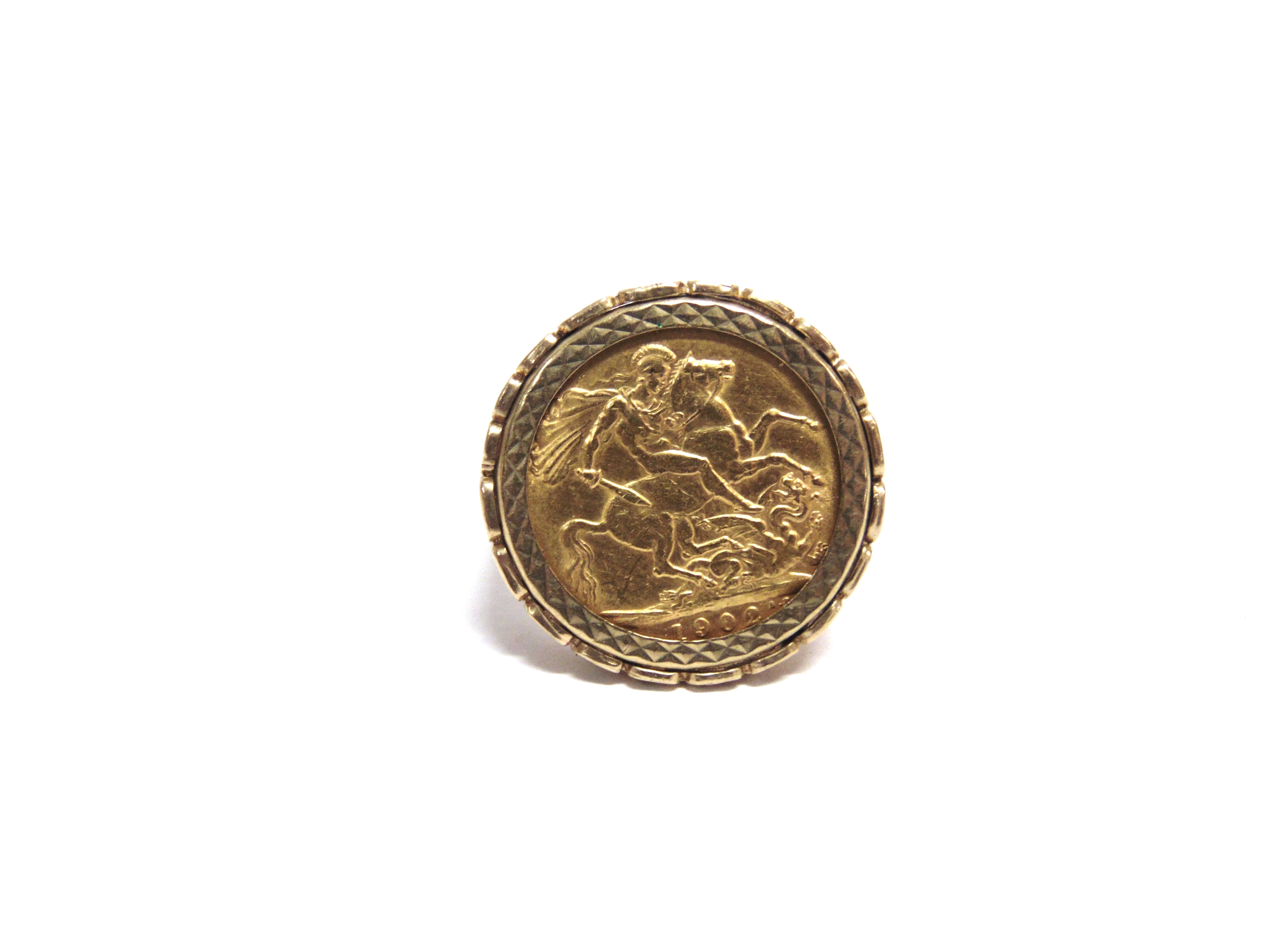 EDWARD VII, SOVEREIGN 1902, later loosely mounted in a 9ct gold ring with pierced and textured