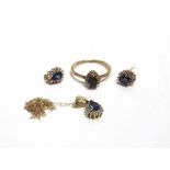 A GROUP OF MODERN 9CT GOLD, SAPPHIRE AND DIAMOND CLUSTER JEWELLERY each centred with a pear-shaped