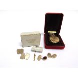 TWO PAIRS OF 9CT GOLD CUFFLINKS and other items, comprising; a pair of canted-rectangular engine-