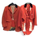 A SCARLET HUNT COAT with black velvet collar and check links with West Somerset Hunt buttons and a