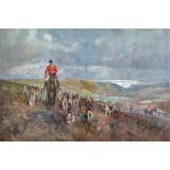 AFTER LIONEL EDWARDS The Exmoor Hounds-George Barwick with the pack above Spangate, Dunkery,