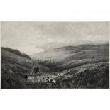 AFTER DOUGLAS ADAMS stag hunting scene on the moors, black and white print, 38 x 62cm