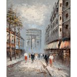 * BURNETT (LATER 20TH CENTURY) Paris street scene, oil on canvas, signed lower right, 60cm x 50cm,