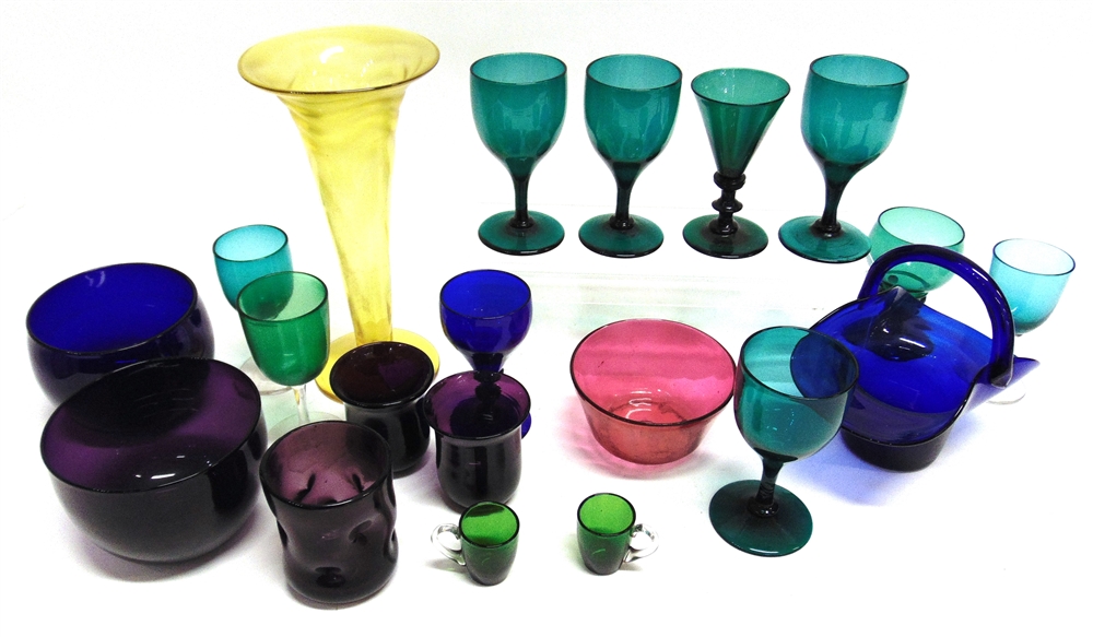 A COLLECTION OF VICTORIAN AND LATER COLOURED GLASSWARE including a yellow trumpet shaped glass