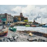 R. MARIANI (20TH CENTURY) Harbour scene with distant chimney, oil on canvas, signed lower right,