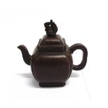 A CHINESE YIXING TEAPOT of square lobed form, the lid with cockerel finial, square seal mark to