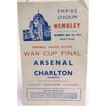 FOOTBALL - PROGRAMME, FOOTBALL LEAGUE (SOUTH) WAR CUP FINAL, 1943 Arsenal v. Charlton Athletic, (