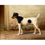 WILLIAM HENRY HAMILTON TROOD (BRITISH, 1848-1899) Terrier by a stable wall, oil on canvas, signed