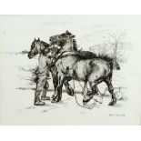 AVERIL I DAVIES Ploughman Holding Farm Horses, Huntsman and Hounds Beyond, ink, signed & dated 1992,