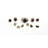 A GROUP OF MODERN 9CT GOLD AND GARNET JEWELLERY comprising; a cluster ring, Birmingham 1991, size L;