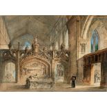 S. RAYNOR (BRITISH, 19TH CENTURY) Cathedral interior with tomb effigy, watercolour, signed lower