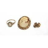 A GROUP OF 9CT GOLD AND SHELL CAMEO JEWELLERY each oval and depicting a female profile,