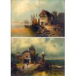 CONTINENTAL SCHOOL (EARLY 20TH CENTURY) Coastal landscapes with shipping and shore activity, a pair,