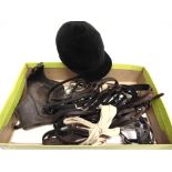 BOOTS, ASSORTED TACK, TWO PAIRS OF SPURS AND A PAIR OF BOOT PULLS and a riding hat by Herbert