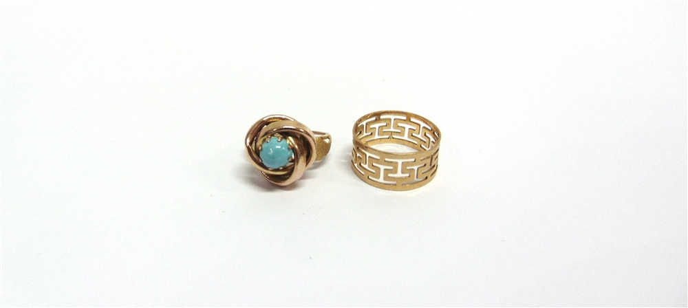 A MODERN CONTINENTAL TURQUOISE SINGLE STONE KNOT RING AND A BAND RING the knot ring in the form of