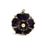 A MODERN PLIQUE-A-JOUR ENAMELLED FLOWER-HEAD PENDANT of stylised design centred with a cultured