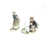 TWO LLADRO GROUPS MODELLED AS GIRLS WITH DUCKS: 4849 'Food for Ducks' and another Shepherdess with