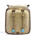 A PAIR OF EARLY 20TH CENTURY GOLD, TURQUOISE AND DIAMOND PENDENT EARRINGS each with a screw