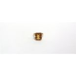 AN 9CT GOLD AND CITRINE SINGLE STONE RING the cut-corner rectangular step-cut stone, claw set on a