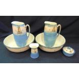 TWO EARLY 20TH CENTURY ROYAL DOULTON JUGS AND BASINS a soap dish and toothbrush jar, with painted