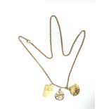 A MODERN GOLD FANCY LINK NECKLACE AND THREE PENDANTS the necklace on a bolt ring clasp