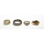 A GROUP OF FOUR RINGS comprising; a modern 9ct gold part-textured oval signet ring, Sheffield