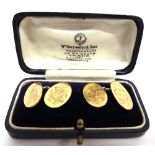 A PAIR OF 18CT GOLD TWIN OVAL-PANEL CUFFLINKS with chain inter-links, each oval engraved with a