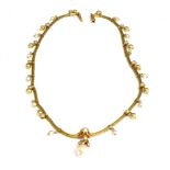 A MID 20TH CENTURY GOLD AND CULTURED PEARL FRINGE NECKLACE the cable link chain centred with a