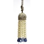 AN ART DECO PEARL, SAPPHIRE AND DIAMOND TASSEL PENDANT PROBABLY FROM A SAUTOIRE in the form of a
